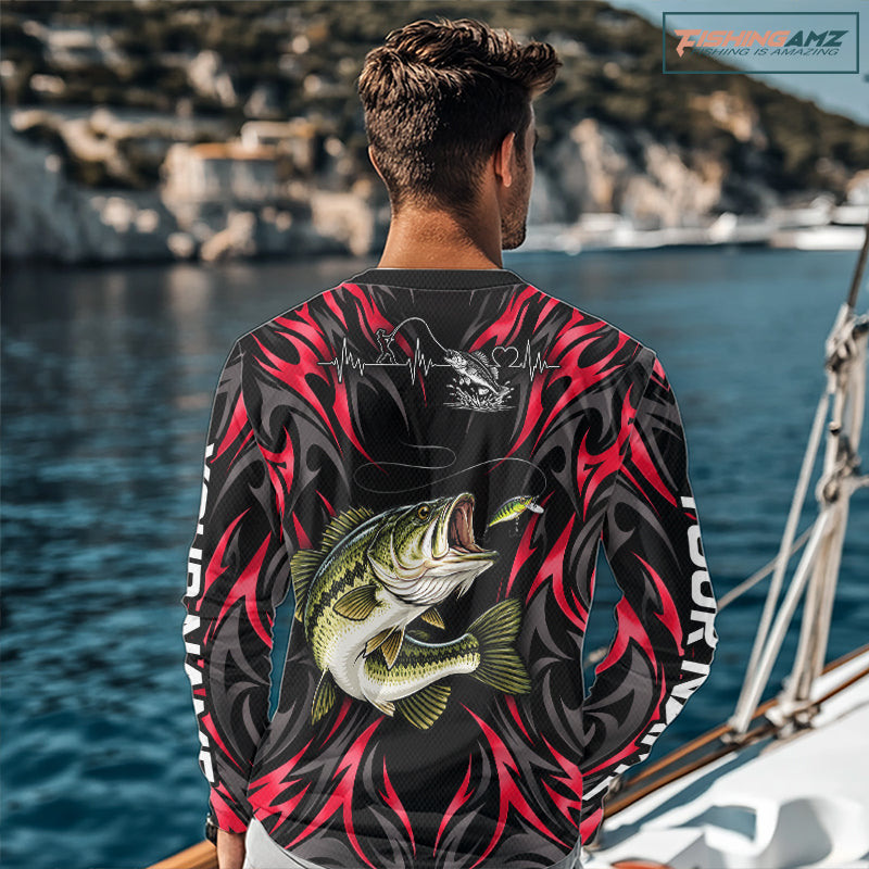 Red Neon Bass Fish Fishing Shirt Custom Outdoor Sports Angler Long Sleeve Performance Jersey NHT1741