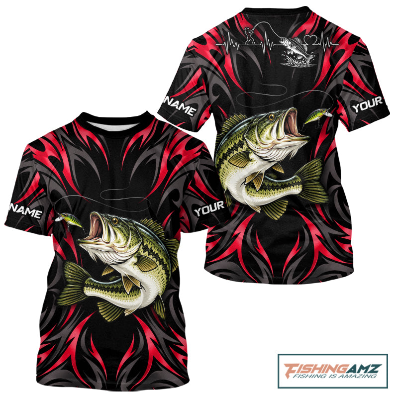 Red Neon Bass Fish Fishing Shirt Custom Outdoor Sports Angler Short Sleeve Performance Jersey NHT1741