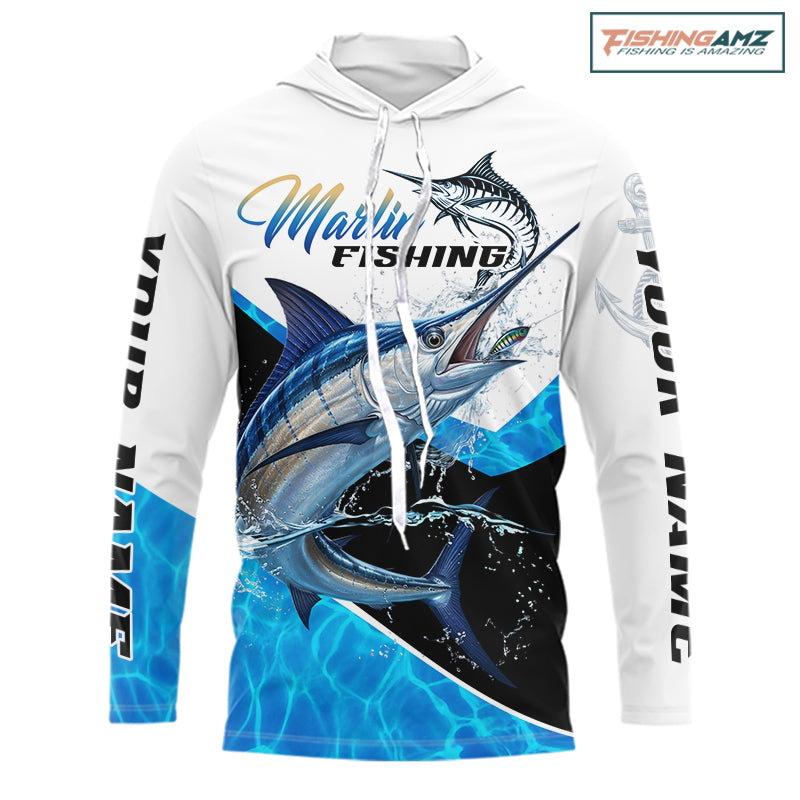 Custom Marlin Saltwater Fishing Shirt Long Sleeve Hooded Designed For Deep Sea Anglers NHT1106