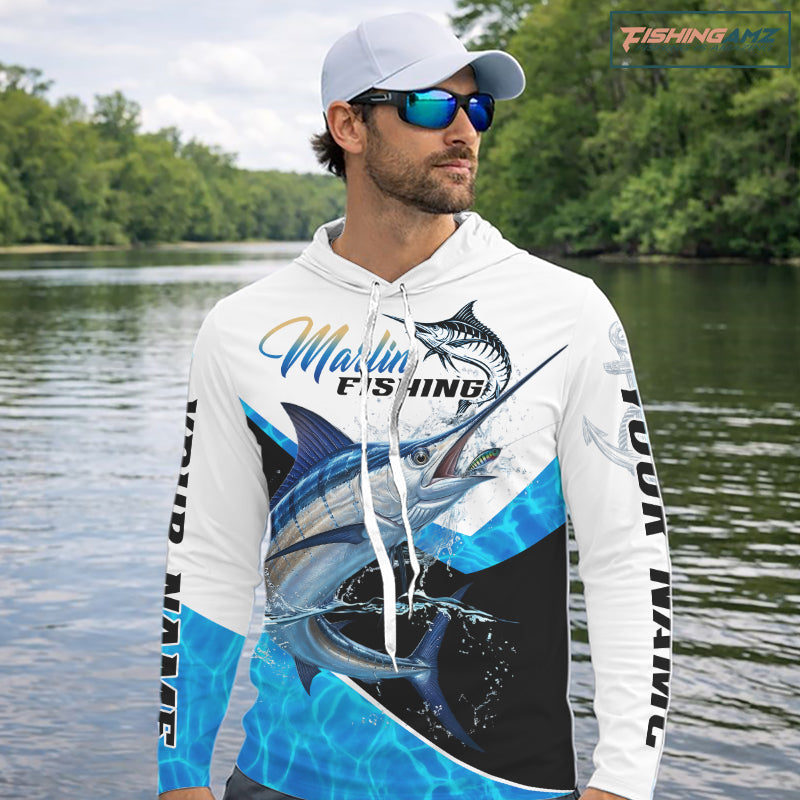 Custom Marlin Saltwater Fishing Shirt Long Sleeve Hooded Designed For Deep Sea Anglers NHT1106