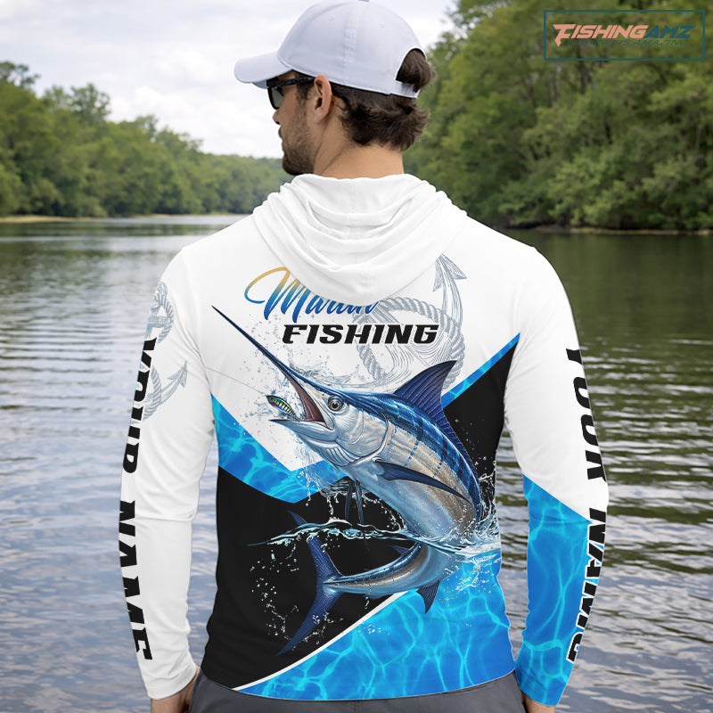 Custom Marlin Saltwater Fishing Shirt Long Sleeve Hooded Designed For Deep Sea Anglers NHT1106