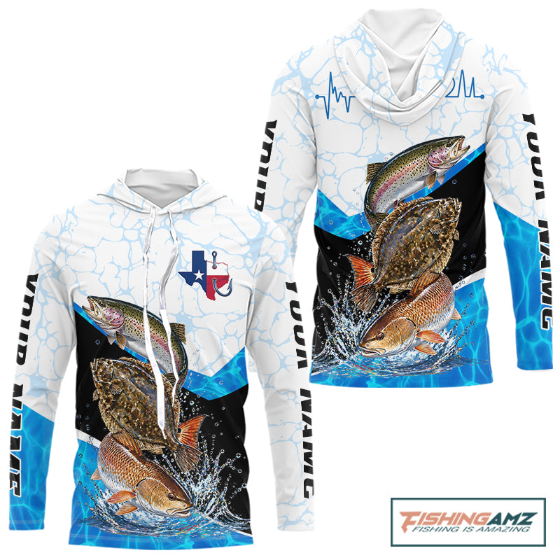 Texas Saltwater Fishing Shirt Trout Flounder Redfish Long Sleeve Hooded Performance Apparel 