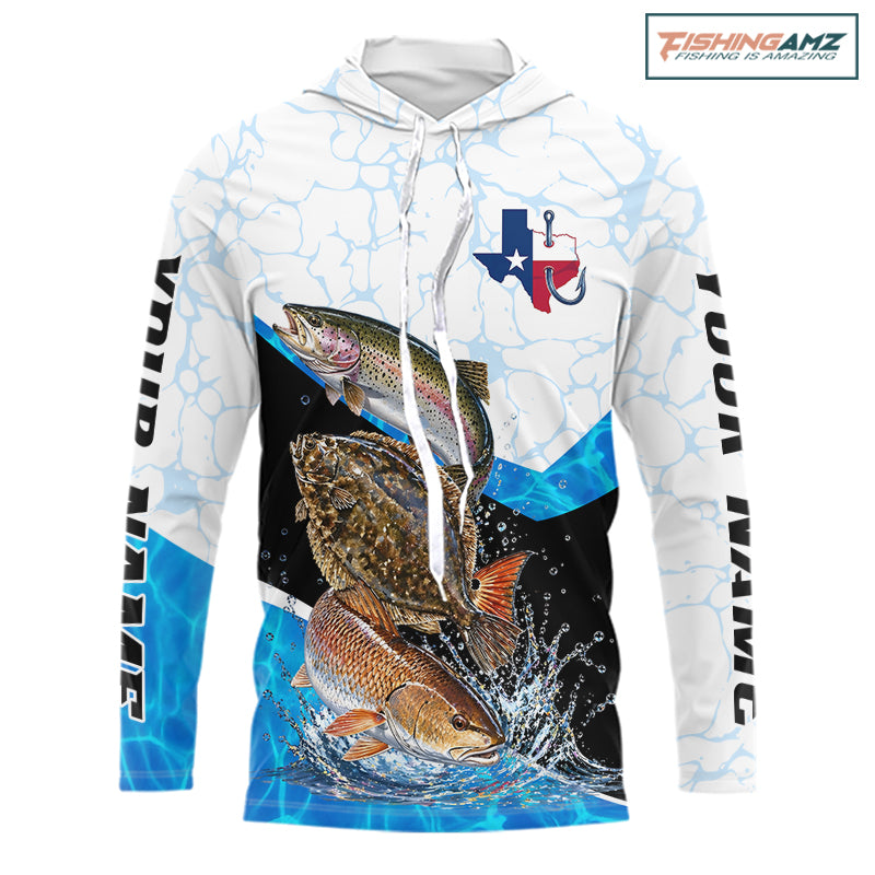 Texas Saltwater Fishing Shirt Trout Flounder Redfish Long Sleeve Hooded Performance Apparel 