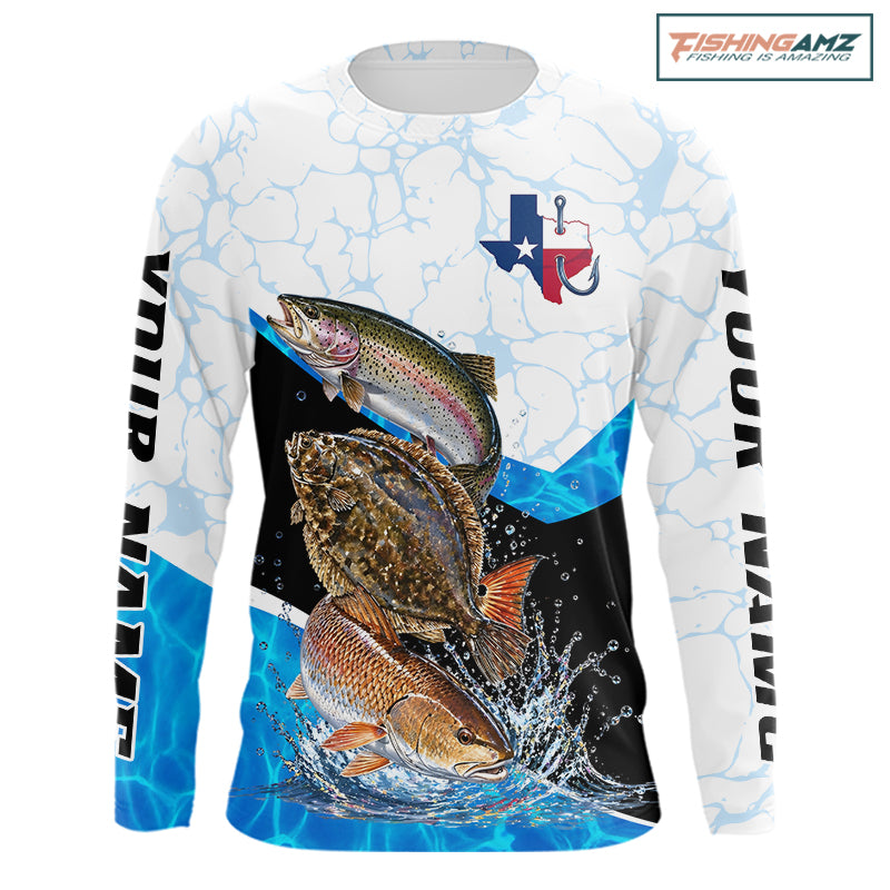 Design is Texas Saltwater Fishing Shirt Trout Flounder Redfish Long Sleeve Performance Apparel 