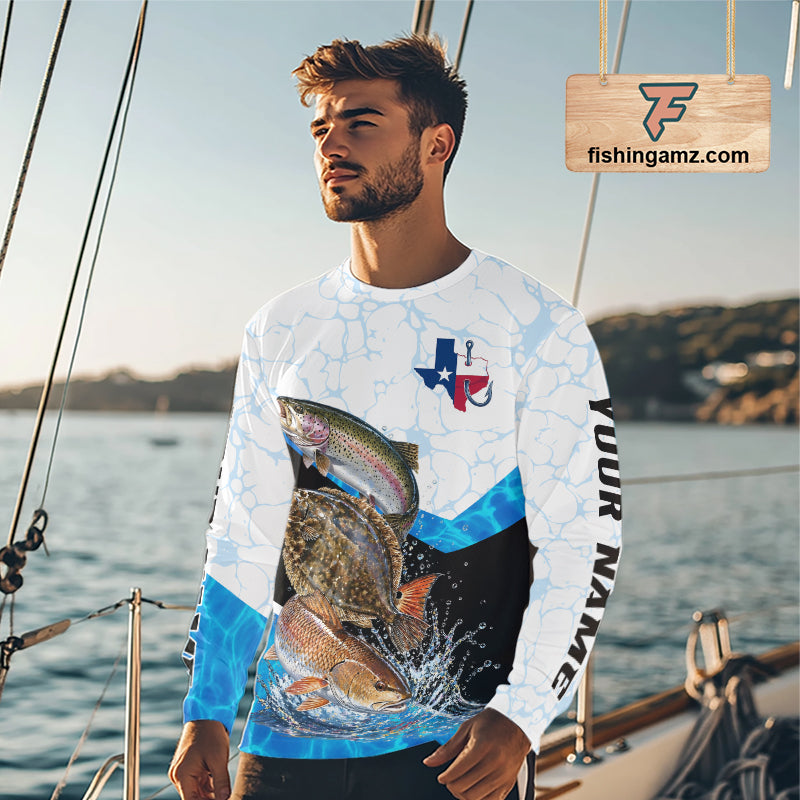 Man wearing Design is Texas Saltwater Fishing Shirt Trout Flounder Redfish Long Sleeve Performance Apparel 