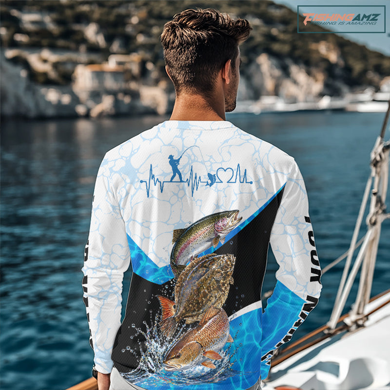 Man wearing Design is Texas Saltwater Fishing Shirt Trout Flounder Redfish Long Sleeve Performance Apparel 