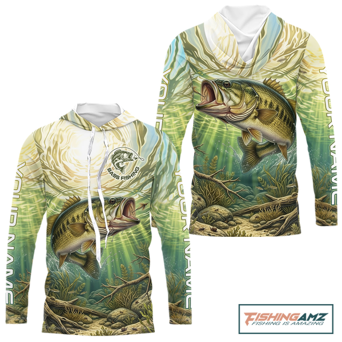 Largemouth Bass Fishing Jerseys For Men, Personalized Bass Long Sleeve Hooded Fishing Shirts