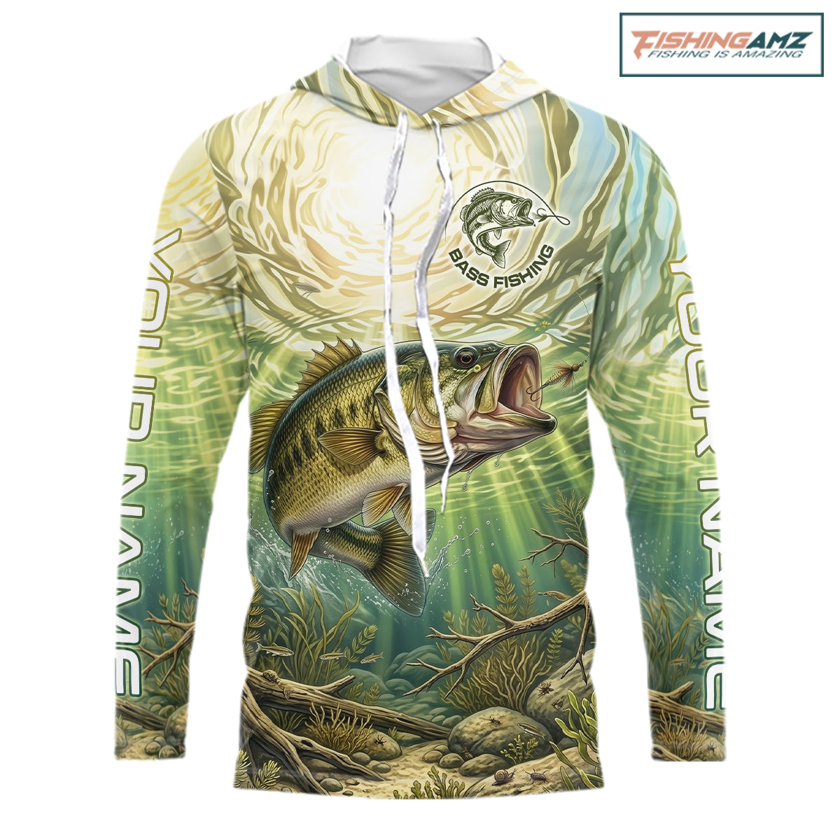 Largemouth Bass Fishing Jerseys For Men, Personalized Bass Long Sleeve Hooded Fishing Shirts