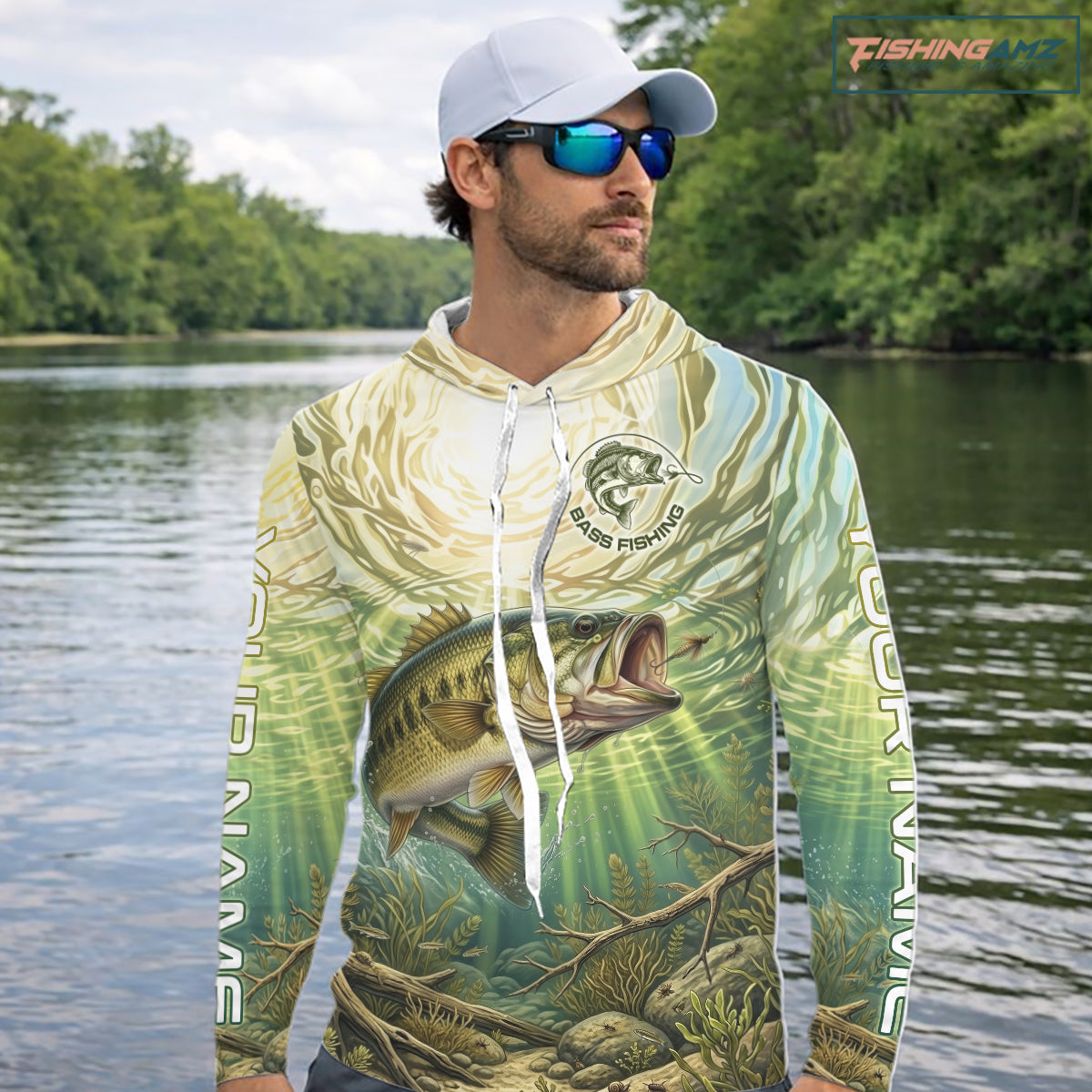 Largemouth Bass Fishing Jerseys For Men, Personalized Bass Long Sleeve Hooded Fishing Shirts