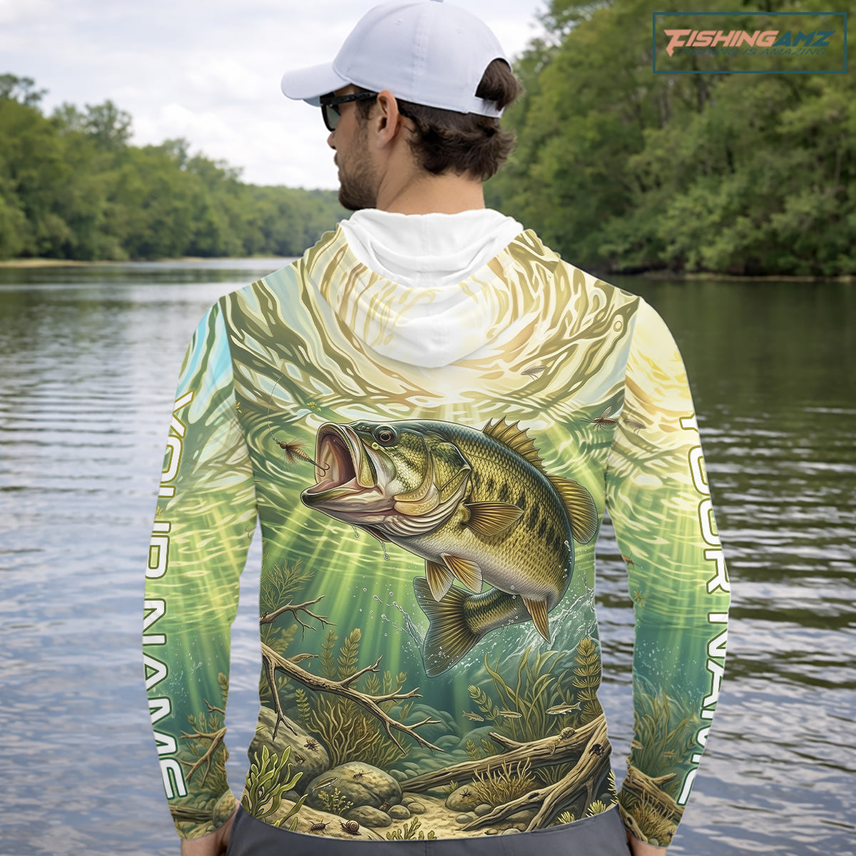 Largemouth Bass Fishing Jerseys For Men, Personalized Bass Long Sleeve Hooded Fishing Shirts NHT807