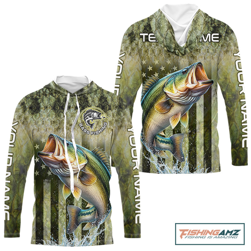 Custom Bass Fishing Shirt 3D Personalized Team Name Long Sleeve Hooded UV Protection Fishing Jersey 