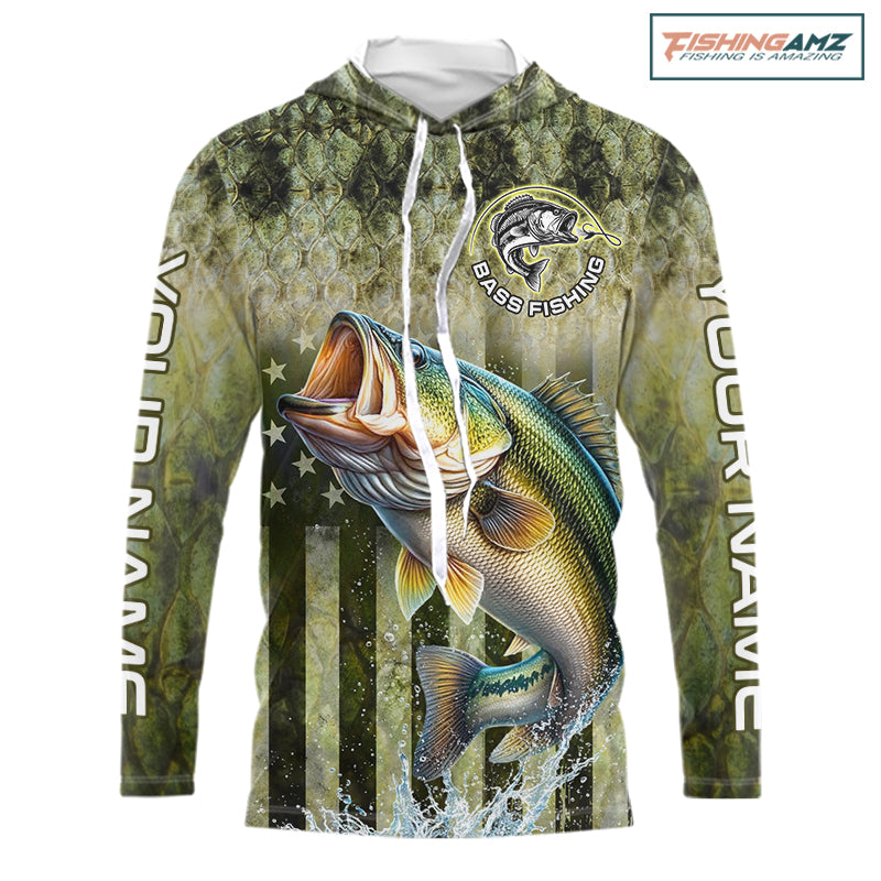 Custom Bass Fishing Shirt 3D Personalized Team Name Long Sleeve Hooded UV Protection Fishing Jersey 