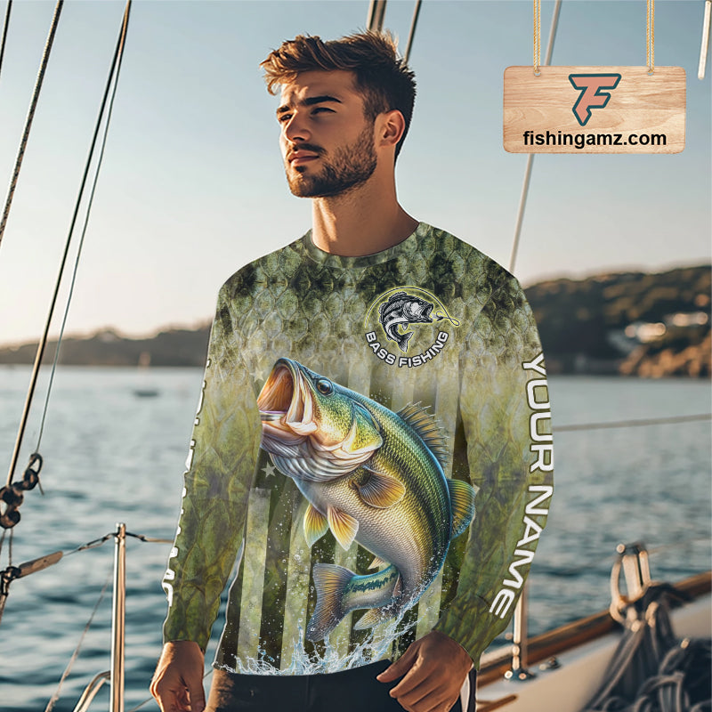 Man Wearing Design American Flag and Custom Bass Fishing Shirt 3D Personalized Team Name Long Sleeve UV Protection Fishing Jersey 