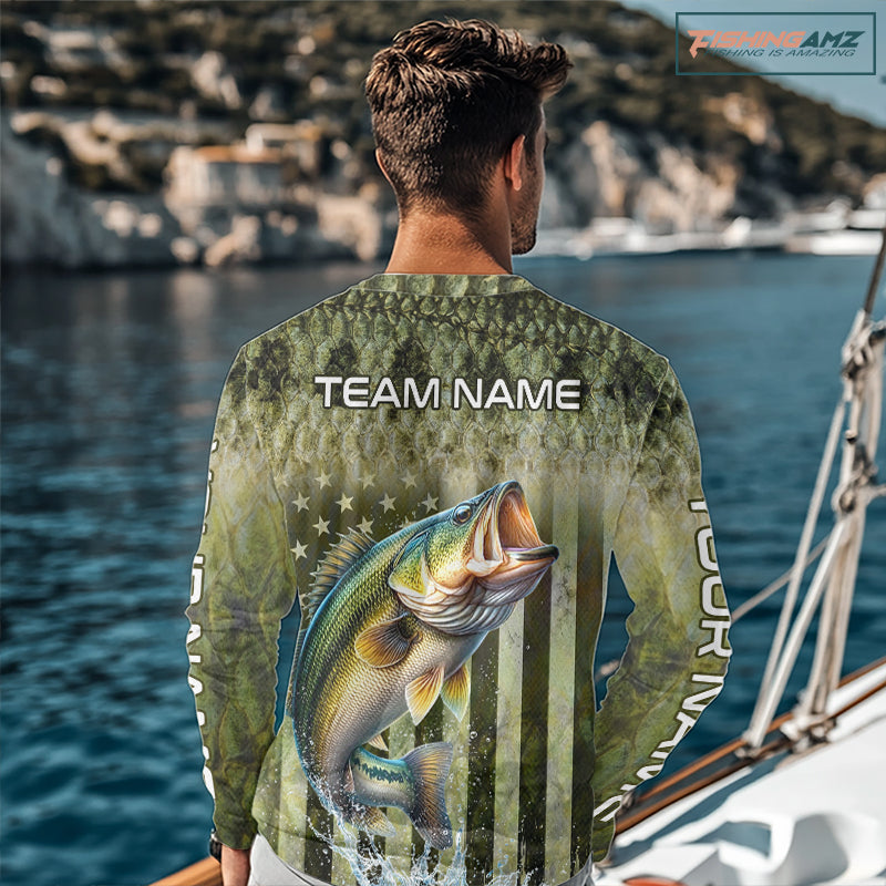 Man Wearing Design American Flag and Custom Bass Fishing Shirt 3D Personalized Team Name Long Sleeve UV Protection Fishing Jersey 