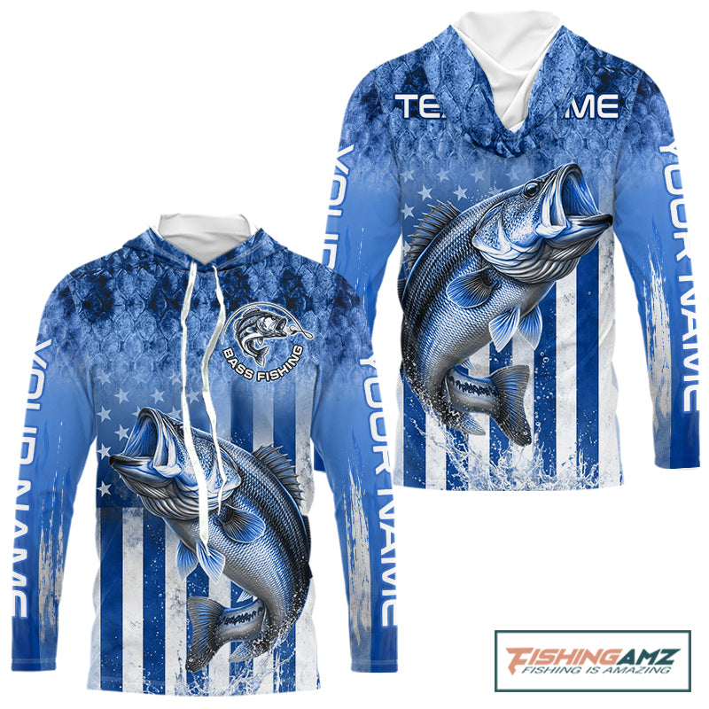 Custom Bass Fishing Shirt 3D Personalized Team Name Long Sleeve Hooded UV Protection Fishing Jersey|Blue 