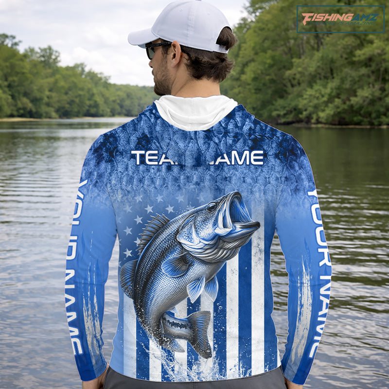 Custom Bass Fishing Shirt 3D Personalized Team Name Long Sleeve Hooded UV Protection Fishing Jersey|Blue 