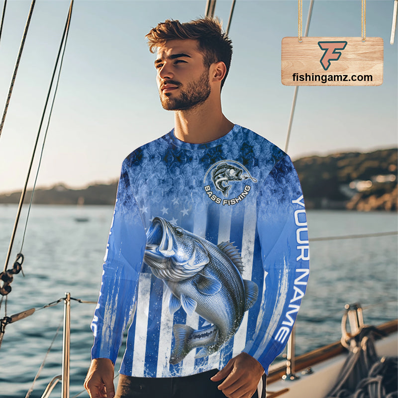 Custom Bass Fishing Shirt 3D Personalized Team Name Long Sleeve UV Protection Fishing Jersey|Blue 