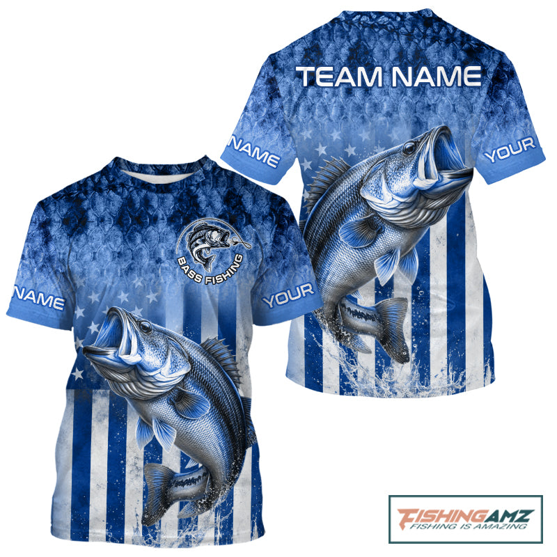 Design American Flag and Custom Blue Bass Shirt 3D Personalized Team Name Fishing T - Shirt UV Protection Fishing Jersey 