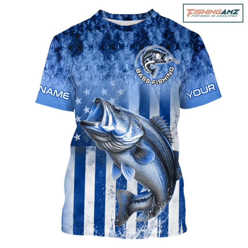 Design American Flag and Custom Blue Bass Shirt 3D Personalized Team Name Fishing T - Shirt UV Protection Fishing Jersey 
