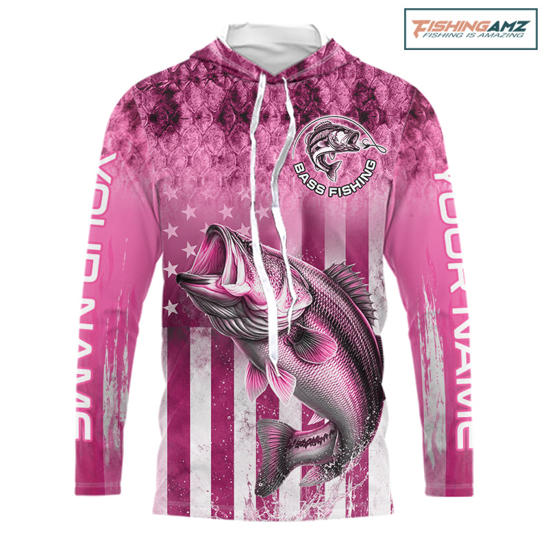 Custom Bass Fishing Shirt 3D Personalized Team Name Long Sleeve Hooded UV Protection Fishing Jersey|Pink 