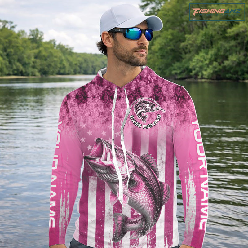 Custom Bass Fishing Shirt 3D Personalized Team Name Long Sleeve Hooded UV Protection Fishing Jersey|Pink 