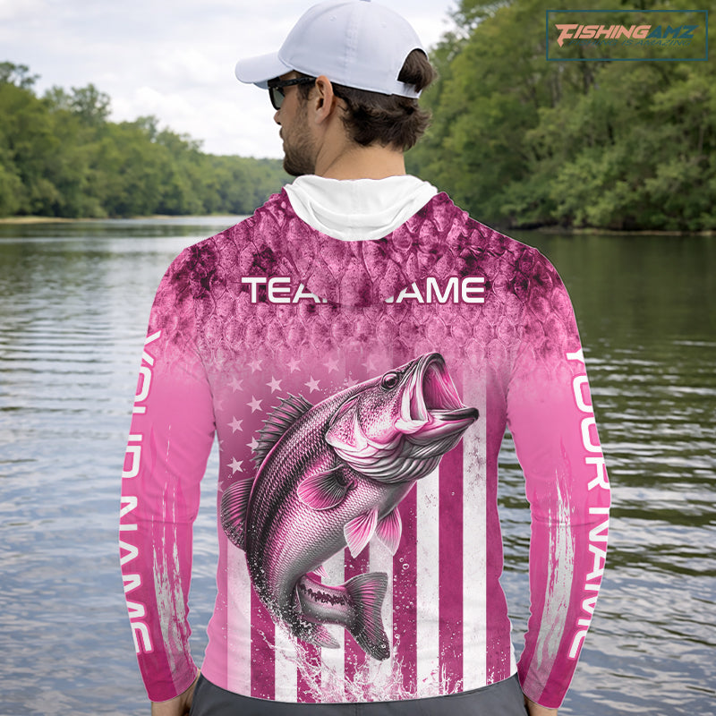 Custom Bass Fishing Shirt 3D Personalized Team Name Long Sleeve Hooded UV Protection Fishing Jersey|Pink 