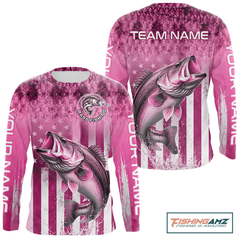Custom Bass Fishing Shirt 3D Personalized Team Name Long Sleeve UV Protection Fishing Jersey|Pink 