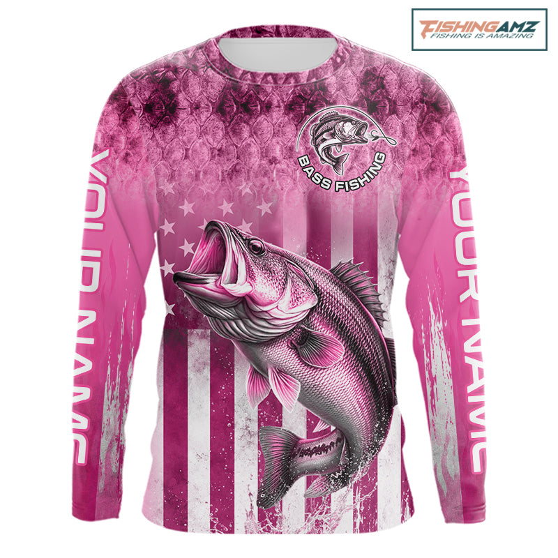 Custom Bass Fishing Shirt 3D Personalized Team Name Long Sleeve UV Protection Fishing Jersey|Pink 