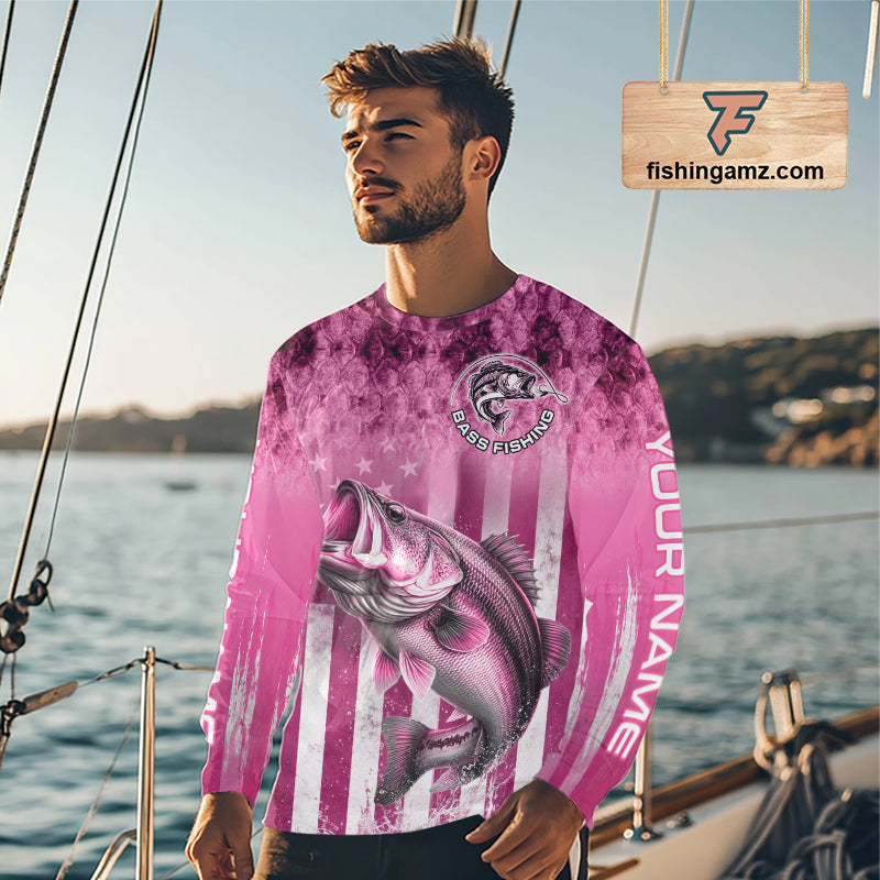 Custom Bass Fishing Shirt 3D Personalized Team Name Long Sleeve UV Protection Fishing Jersey|Pink 