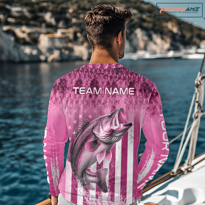 Custom Bass Fishing Shirt 3D Personalized Team Name Long Sleeve UV Protection Fishing Jersey|Pink NHT1127