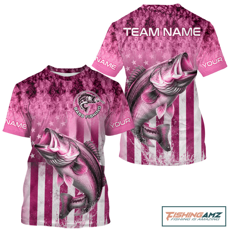 Design American Flag and Custom Pink Bass Shirt 3D Personalized Team Name Fishing T - Shirt UV Protection Fishing Jersey
