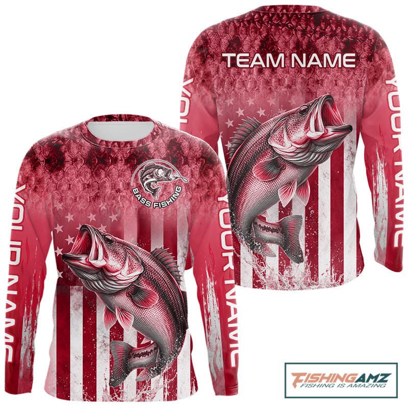 Design American Flag Custom Bass Fishing Shirt 3D Personalized Team Name Long Sleeve UV Protection Fishing Jersey|Red 