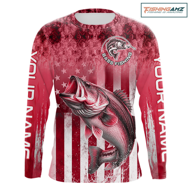 Design American Flag Custom Bass Fishing Shirt 3D Personalized Team Name Long Sleeve UV Protection Fishing Jersey|Red 