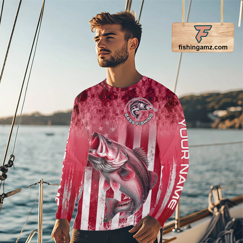 Design American Flag Custom Bass Fishing Shirt 3D Personalized Team Name Long Sleeve UV Protection Fishing Jersey|Red 