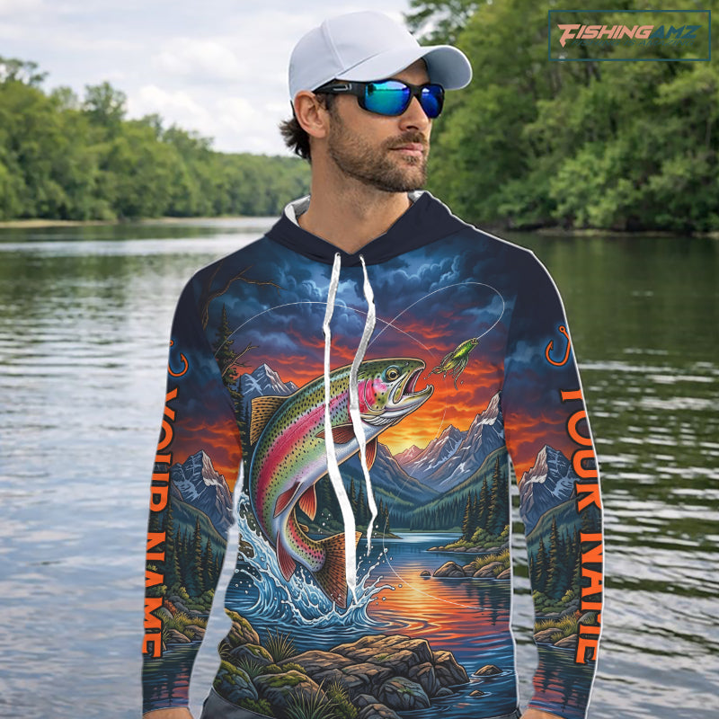 Personalized Rainbow Trout Hooded Fishing Shirt, Mountain River Fishing Jersey, Custom Team Shirt NHT1579