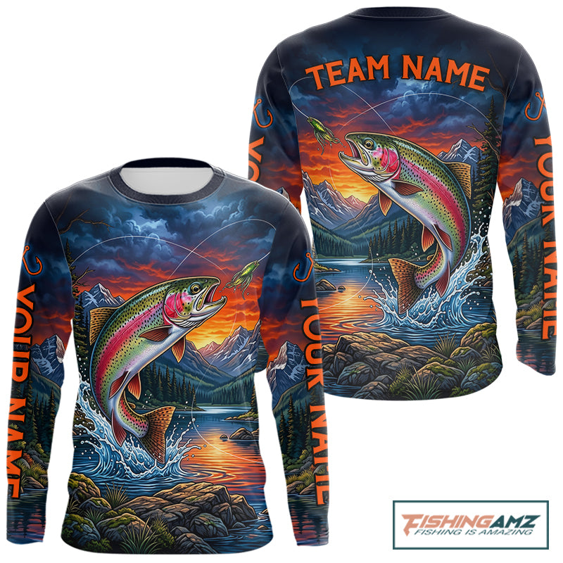 Personalized Rainbow Trout Fishing Shirt, Mountain River Fishing Jersey, Custom Team Shirt NHT1579