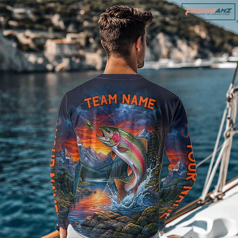 Personalized Rainbow Trout Fishing Shirt, Mountain River Fishing Jersey, Custom Team Shirt NHT1579