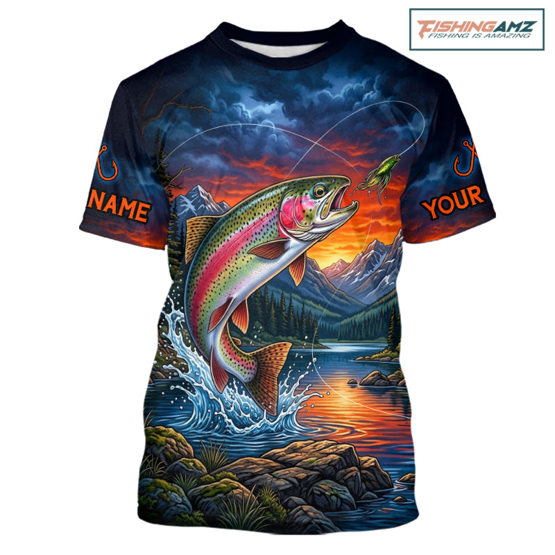 Personalized Rainbow Trout Fishing Shirt Short Sleeve, Mountain River Fishing Jersey, Custom Team Shirt NHT1579