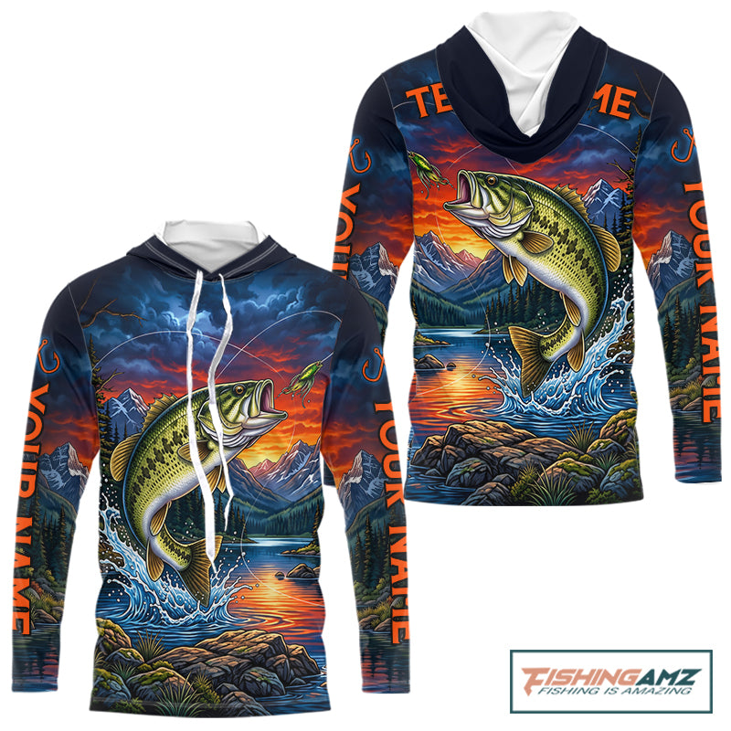 Personalized Largemouth Bass Hooded Fishing Shirt, Mountain River Fishing Jersey, Custom Team Shirt NHT1580