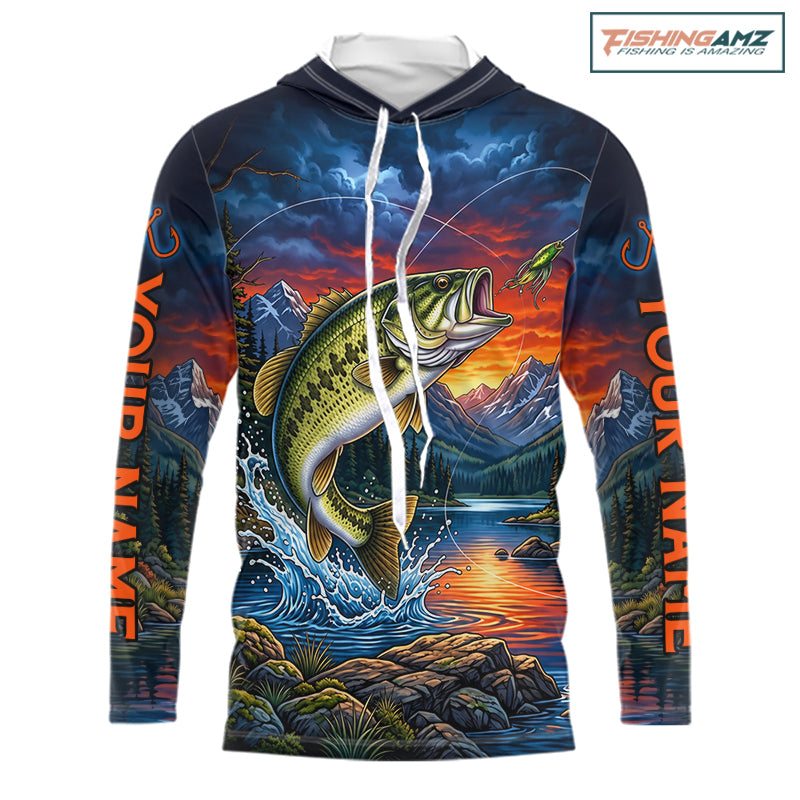 Personalized Largemouth Bass Hooded Fishing Shirt, Mountain River Fishing Jersey, Custom Team Shirt NHT1580