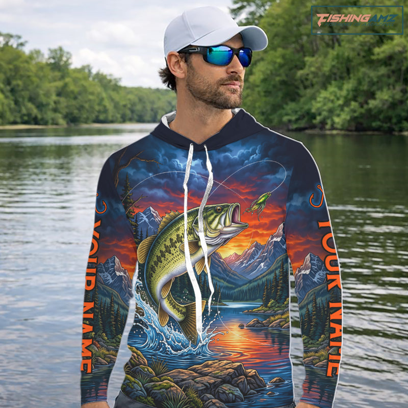 Personalized Largemouth Bass Hooded Fishing Shirt, Mountain River Fishing Jersey, Custom Team Shirt NHT1580