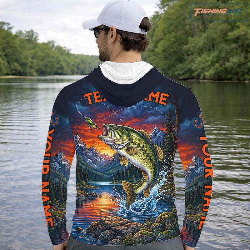 Personalized Largemouth Bass Hooded Fishing Shirt, Mountain River Fishing Jersey, Custom Team Shirt NHT1580