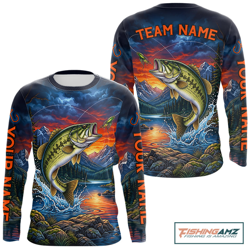 Personalized Largemouth Bass Fishing Shirt, Mountain River Fishing Jersey, Custom Team Shirt NHT1580