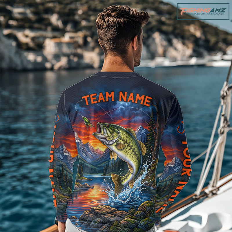 Personalized Largemouth Bass Fishing Shirt, Mountain River Fishing Jersey, Custom Team Shirt NHT1580