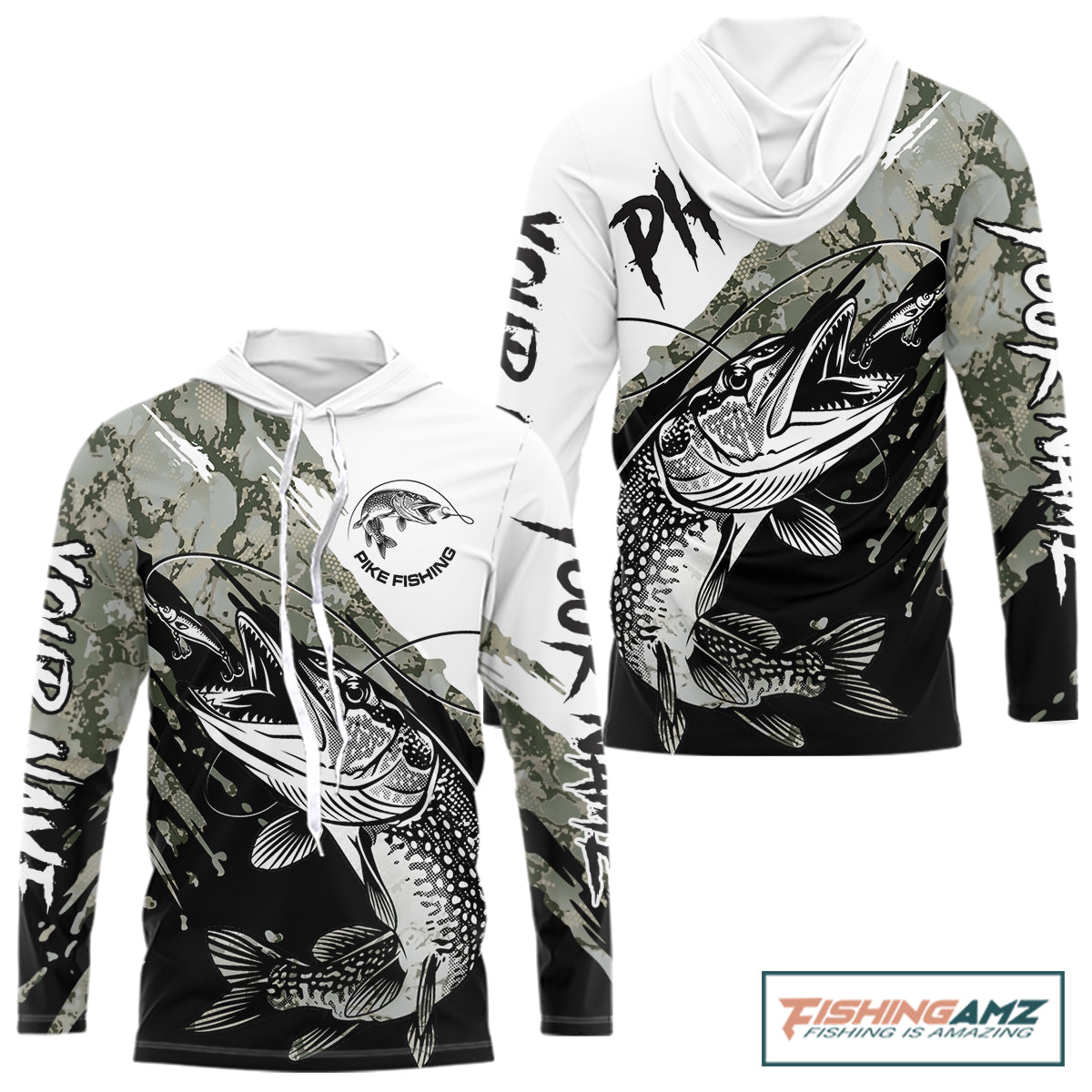 Personalized Gray Camo Northern Pike Fishing Jersey, Team Pike Fishing Long Sleeve Hooded Tournament Shirt NHT816
