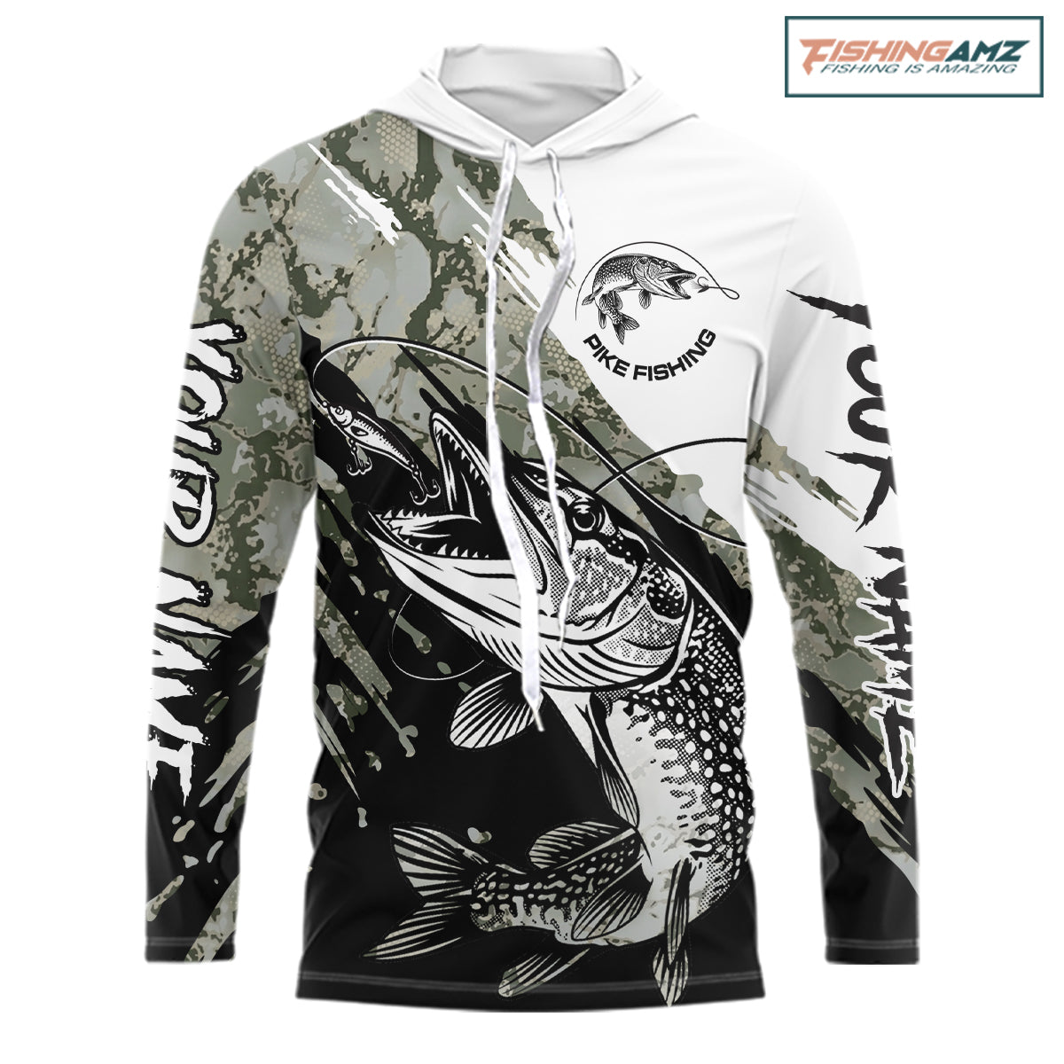 Personalized Gray Camo Northern Pike Fishing Jersey, Team Pike Fishing Long Sleeve Hooded Tournament Shirt NHT816