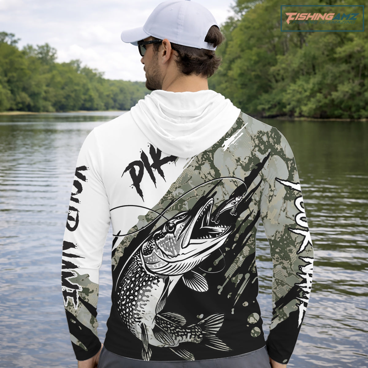Personalized Gray Camo Northern Pike Fishing Jersey, Team Pike Fishing Long Sleeve Hooded Tournament Shirt NHT816