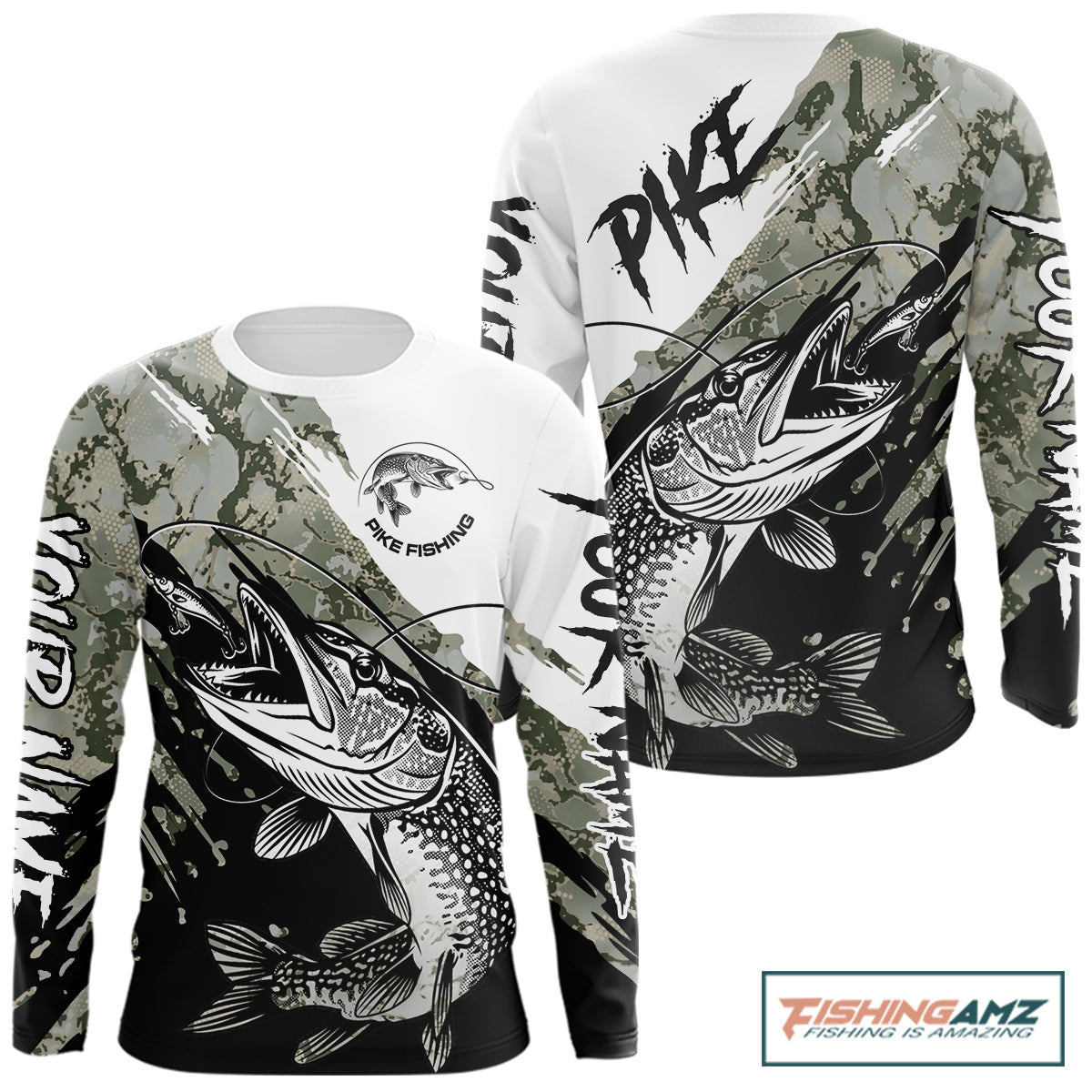 Personalized Gray Camo Northern Pike Fishing Jersey, Team Pike Fishing Long Sleeve Tournament Shirt NHT816