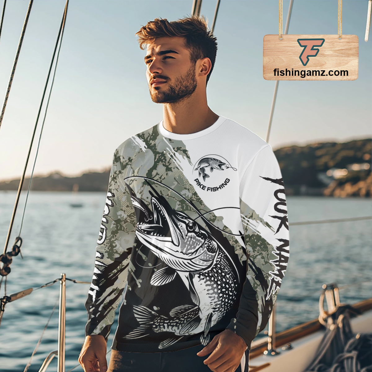 Personalized Gray Camo Northern Pike Fishing Jersey, Team Pike Fishing Long Sleeve Tournament Shirt NHT816