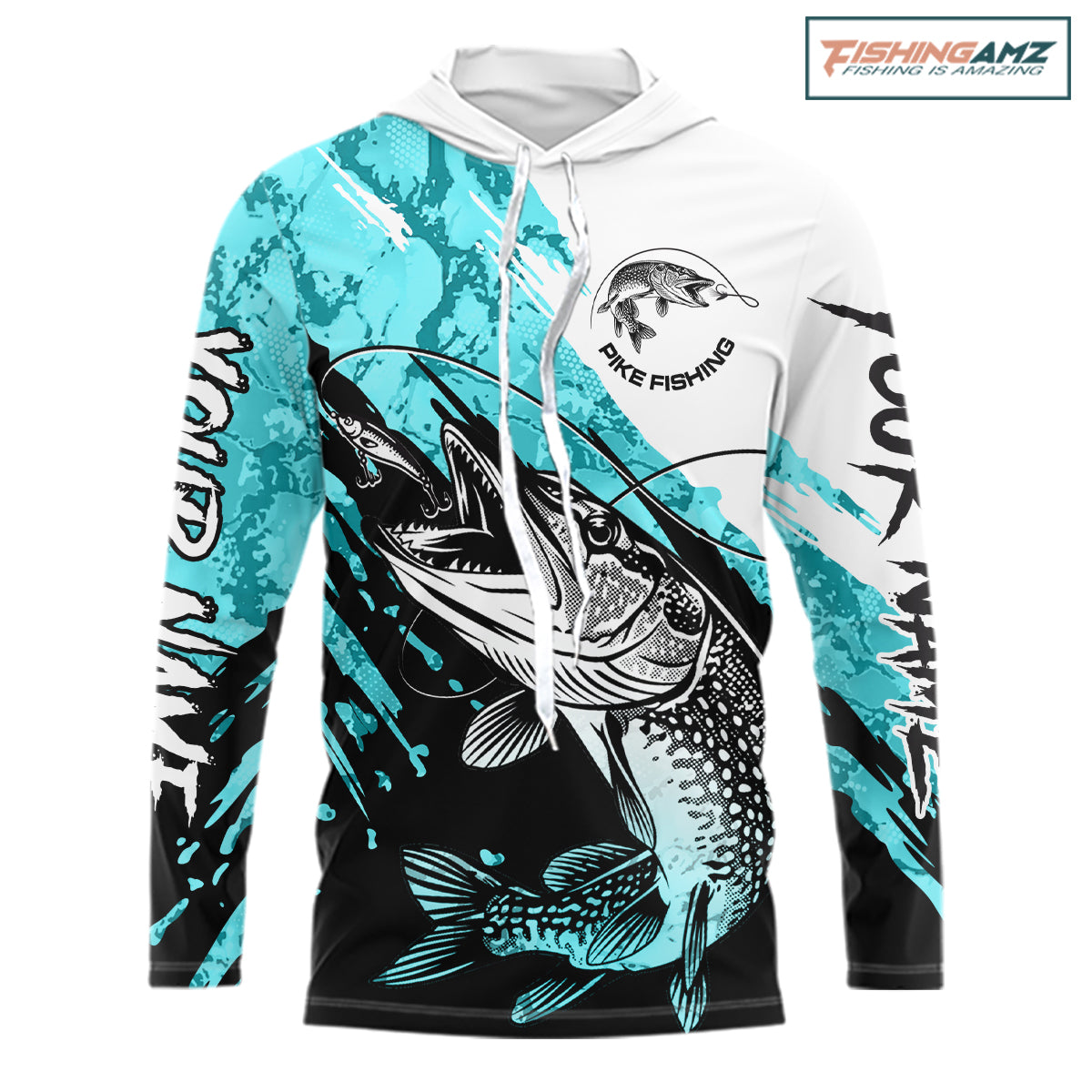 Personalized Turquoise Northern Pike Fishing Jersey, Team Pike Fishing Long Sleeve Hooded Shirt NHT817